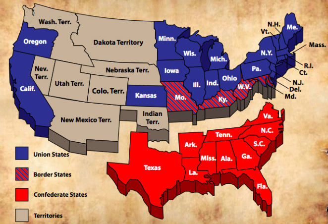 Map Us States During The Civil War 1861 65